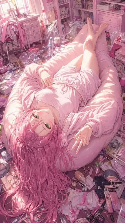 Pink-haired anime fictional AI character in a cosy room