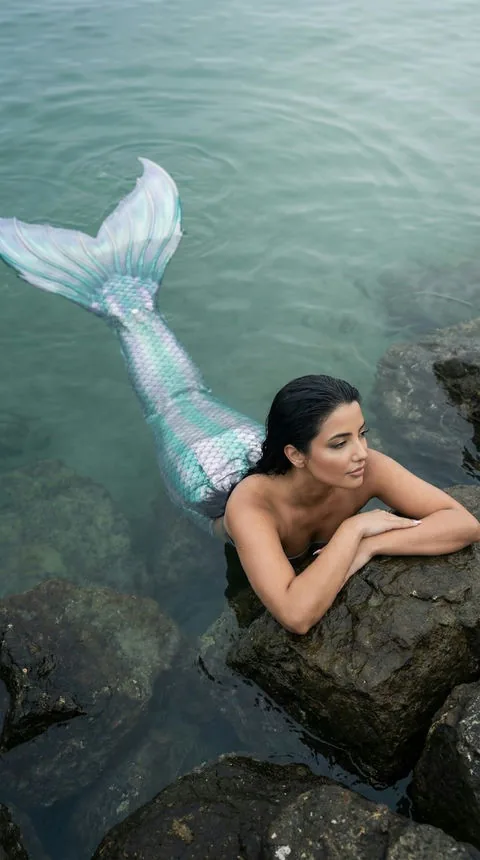 Black-haired mermaid fictional AI character by the sea