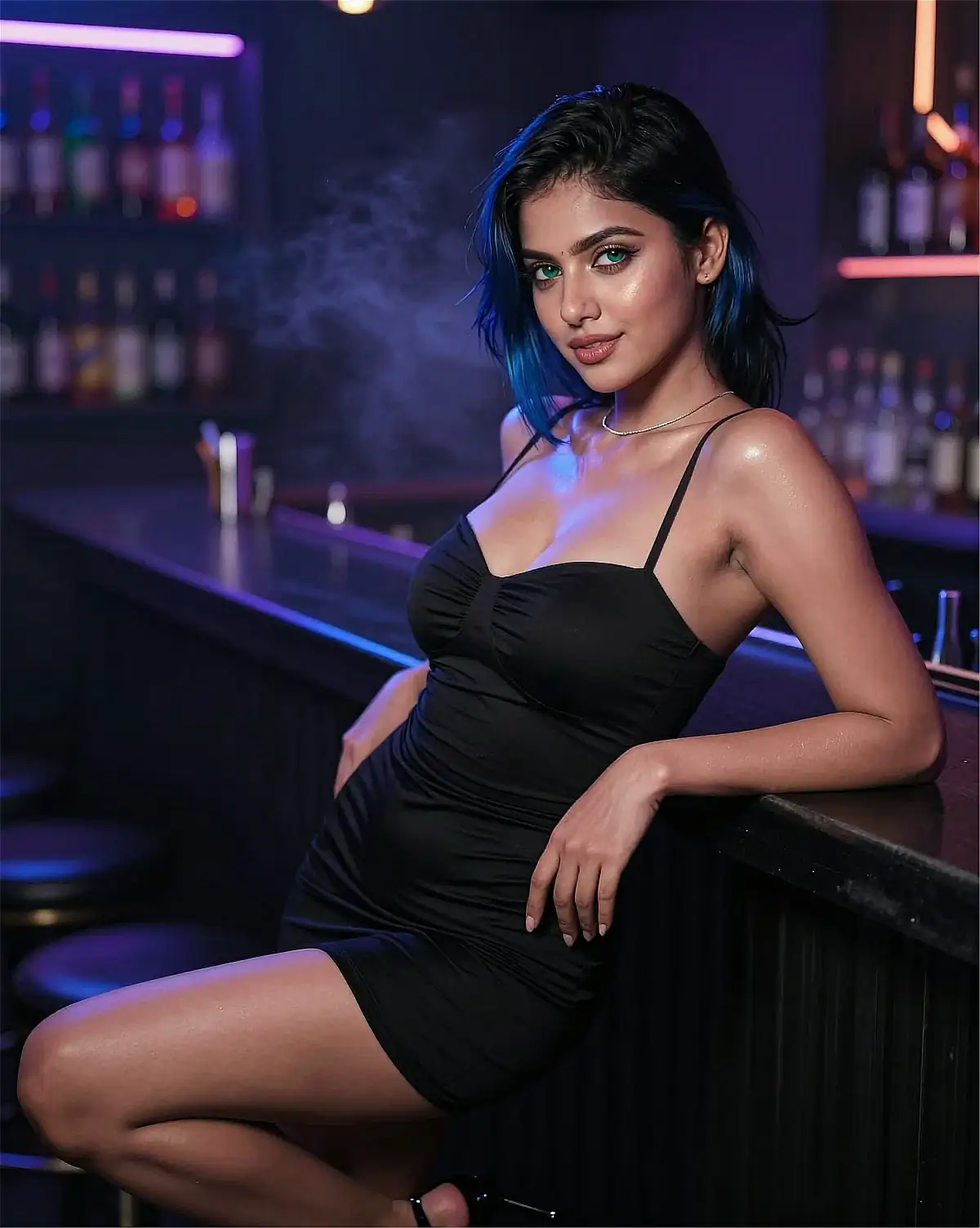Fictional adult AI character in an evening city setting