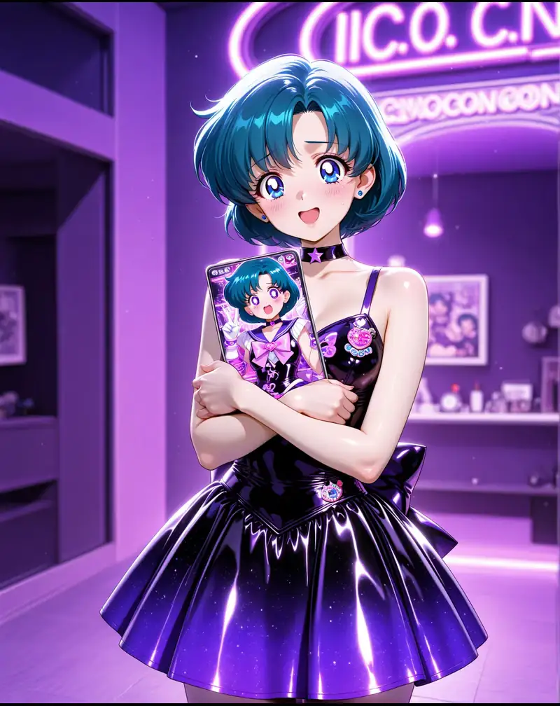 Fictional adult anime AI character in a neon music setting